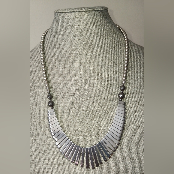 Modernist Hematite Necklace. Metal Beads, Magnetic Clasp - Picture 2 of 7